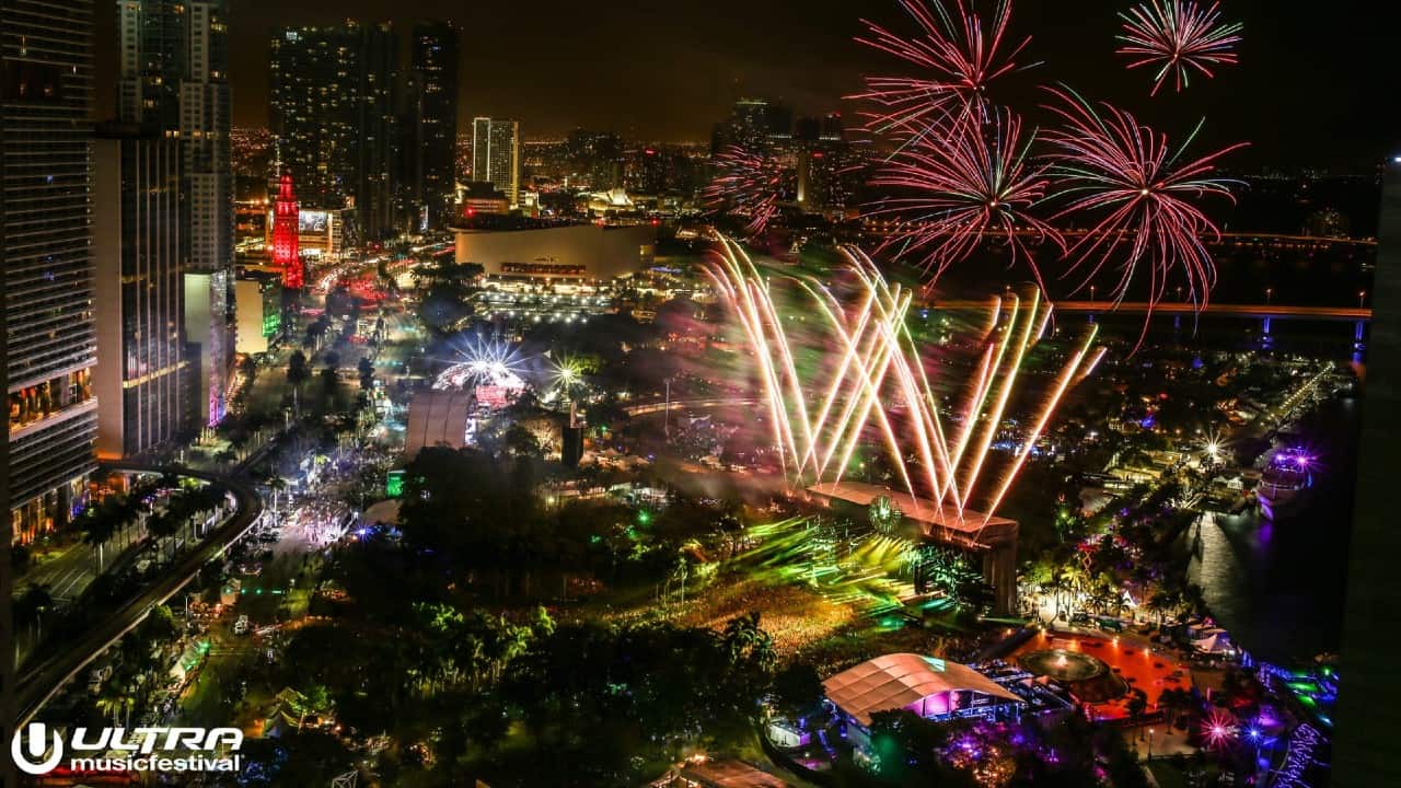 Ultra Music Festival fireworks overhead Bayfront Park